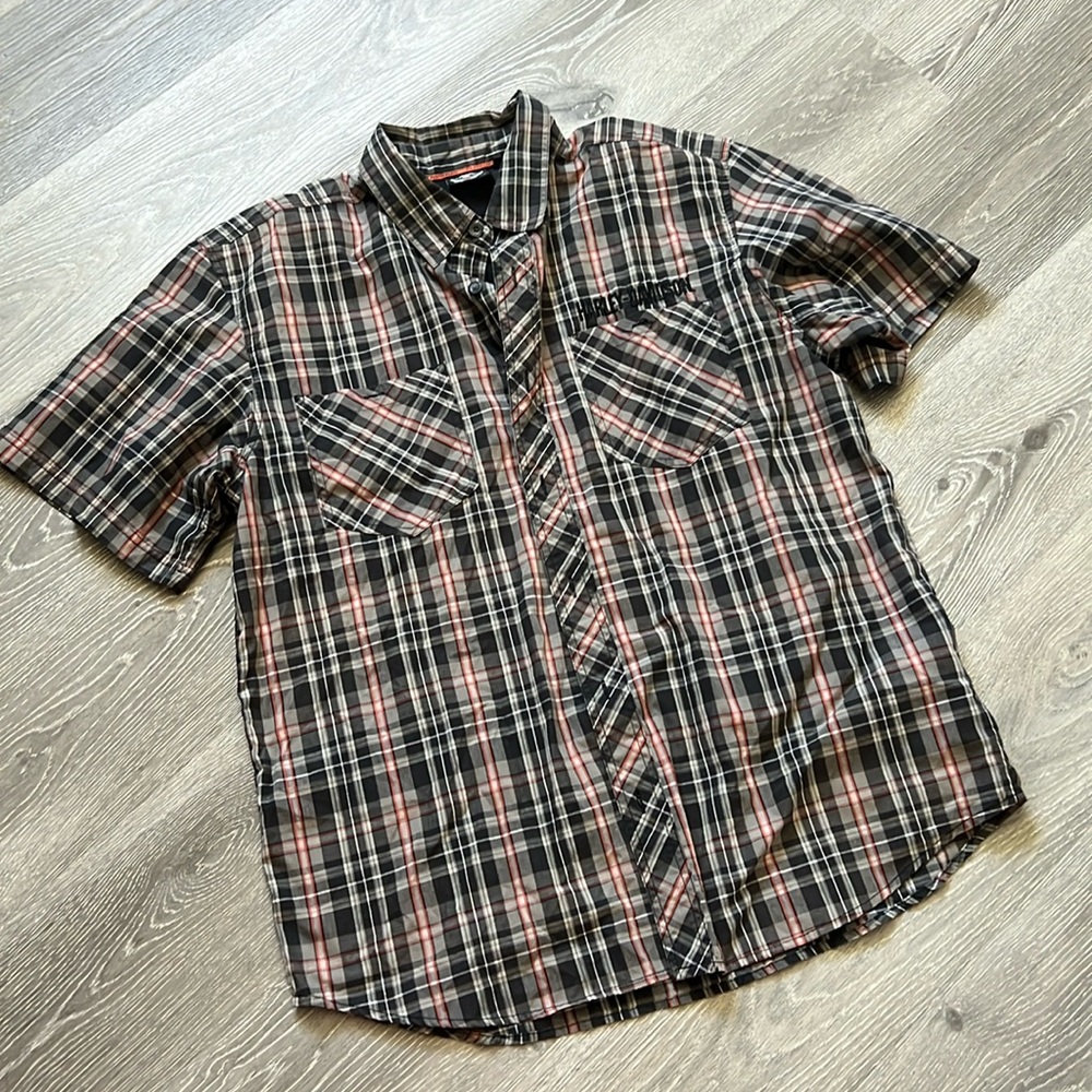 Harley Davidson Shirt Mens XL Black Orange Plaid Biker Motorcycle Button Up
